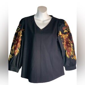 CHICOS shirt Size 1 Black embroidered Peacock. EXCELLENT CONDITION